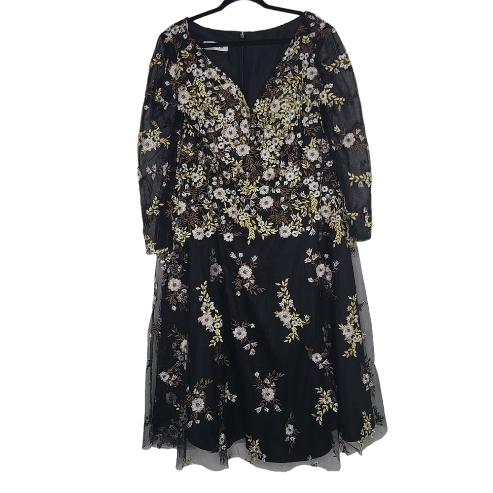 JJs House Black Floral Midi Dress with White and Yellow Embroidery